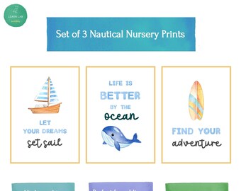 Juego de 3 pósteres imprimibles de temática náutica para habitación infantil con citas inspiradas en el océano / Descarga instantánea / Decoración costera para habitación de bebé / Ideas de regalos para bebés
