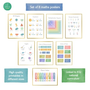 May include: Set of 8 maths posters with gold frames. Posters cover 3D shapes, fractions, multiplication, Roman numerals, angles, units of measurement, units of time, and place value. Text includes "High quality printables in different sizes" and "Linked to KS2 national curriculum."