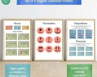 Pósteres de gramática inglesa para niños de primaria / Juego de 6 láminas educativas para pared / Educación en casa y aula / Imprimibles para KS2 / Colores bohemios