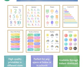 Conjunto de 8 carteles educativos para guardería y KS1 / Carteles infantiles / Números y alfabeto / Educación en casa y aula / Carteles de acuarela para niños