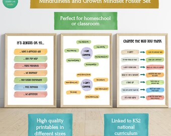 Pósters de mindfulness / Niños de primaria / Juego de 8 láminas educativas para pared / Pósters de mentalidad de crecimiento / Educación en casa y aula / Imprimibles para KS2