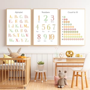 Nursery KS1 Educational Posters | Set of 4 | Numbers and Alphabet | Homeschool Montessori Classroom | Toddler Playroom | Gifts Ideas kids