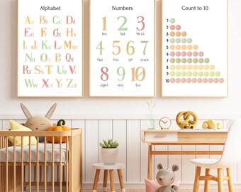 Pósteres educativos para guardería KS1 / Juego de 4 / Números y alfabeto / Aula Montessori de educación en casa / Sala de juegos para niños pequeños / Ideas de regalos para niños