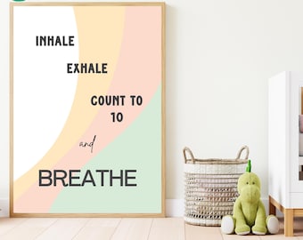 Póster de respiración consciente para niños / Inhala, exhala y relájate / Arte mural relajante / Decoración para el aula o la educación en casa / Descarga digital