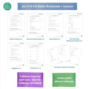 Op de afbeelding: Een set van 18 KS2 wiskundewoordensheets met antwoorden. De werkbladen behandelen onderwerpen als plaatswaarde, Romeinse cijfers, decimalen, het omrekenen van maten, algebra en breuken. Inclusief antwoordvellen.