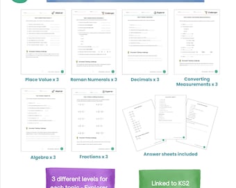 Paquete de matemáticas para el SAT de 6.º año: 18 hojas de trabajo, 6 temas de matemáticas diferentes, 3 niveles diferenciados, imprimible con hojas de respuestas.