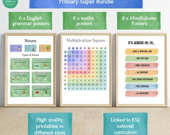 Conjunto de carteles educativos para niños - Para el hogar, la escuela y el aula - Carteles de gramática inglesa, matemáticas y atención plena - Conjunto de 22