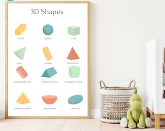 Pósteres de matemáticas para niños de primaria / Formas 3D / Arte mural educativo para la educación en casa y el aula / Imprimibles