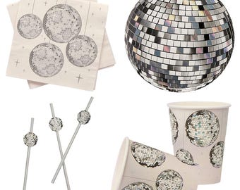 May include: A collection of party supplies featuring a disco ball theme. Includes napkins, a large disco ball, cocktail stirrers, and paper cups. The napkins and cups have a repeating disco ball pattern. The stirrers have a disco ball on the end.