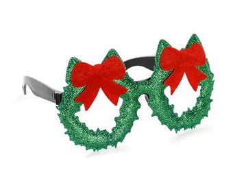 Christmas Wreath Glitter Fancy Dress Glasses | Festive Novelty Xmas Party Photo Booth Costume Accessory