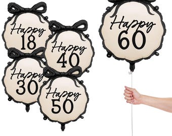 Happy 18th 30th 40th 50th 60th Birthday Black Bow Cream Milestone Round Foil Balloon 48cm Helium or Air Fill Elegant Party Decoration