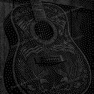 May include: A black graphic featuring a white stippled pattern that forms the silhouette of an acoustic guitar. The text Woodpecker Designs is repeated multiple times across the image in a subtle, dark font against the black background.