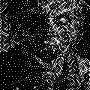 May include: A black and white dot art portrait created with varying sizes of white circles on a solid black background. The image features the text Woodpecker Designs repeated across the composition in a subtle, semi-transparent font style.