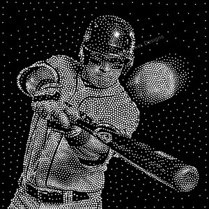 May include: A black and white stippled art print featuring a baseball player in a batting stance. The image is composed entirely of small white dots on a black background, depicting a batter wearing a helmet and uniform while swinging a bat.