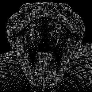 May include: A black and white graphic illustration of a snake head with its mouth open, revealing sharp fangs and a tongue. The image is composed of numerous small white dots against a solid black background, featuring the text Woodpecker Designs.