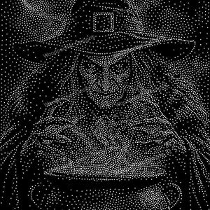 以下が含まれることがあります： とんがり帽子をかぶり、大釜を持っている魔女を描いた白黒の点描画アートプリント。黒い背景に無数の白い点が配置されており、画像全体に「Woodpecker Designs」というテキストが繰り返し記載されています。