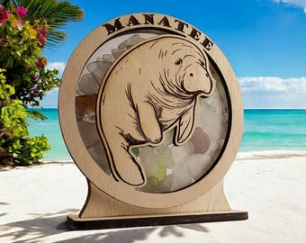 Manatee Sea Glass Shadowbox: Beach Decor, Window Hanging or LED Light