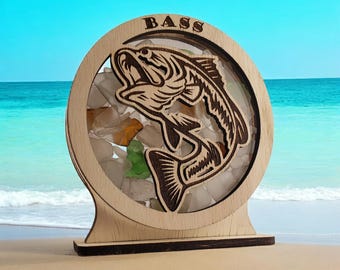 Bass Sea Glass Shadowbox: Coastal Decor, Fishing Gift