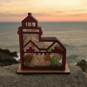 Holland Harbor Michigan "Big Red" Lighthouse Sea Glass Shadowbox Display Single Sided, Window Hanging, Double Sided, LED Night Light, Small