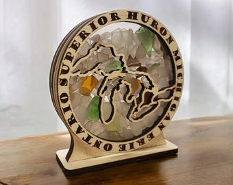 Great Lakes Round Sea Glass Shadowbox Display Single Sided, Window Hanging, Double Sided Shine-through Shelf Sitter, LED Light