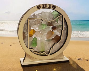 Ohio Round Sea Glass Shadowbox Display Single Sided, Window Hanging, Double Sided Shine-through Shelf Sitter, LED Light, Small