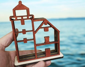 Round Island Lighthouse Sea Glass Display: Window Hanging Shelf Sitter