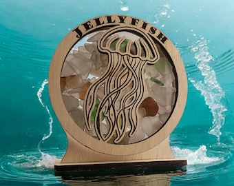 Jellyfish Sea Glass Shadowbox Display Single Sided, Window Hanging, Double Sided Shine-through Shelf Sitter, LED Light, Small