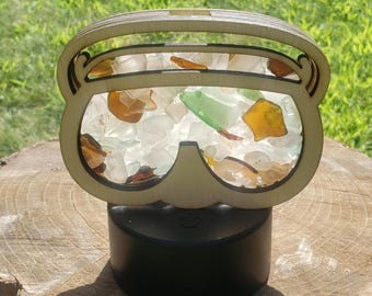 Swim Scuba Goggles Sea Glass Shadowbox Display, Single Sided, Window Hanging, Double Sided Shine-through Shelf Sitter, LED Light, Small