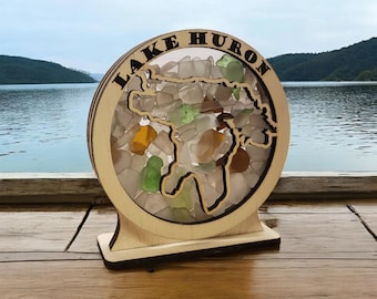 Lake Huron Sea Glass Shadowbox: Round Display, Window Hanging, LED Light