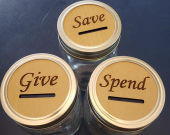 Give Save Spend Mason Jar Lid Topper Bank Coin Slots, 3 piece set