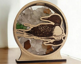 Loon Sea Glass Shadowbox Display Single Sided, Window Hanging, Double Sided Shine-through Shelf Sitter, LED Light