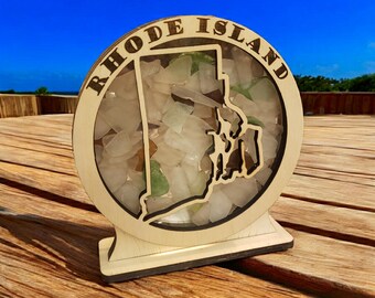 Rhode Island Round Sea Glass Shadowbox Display Single Sided, Window Hanging, Double Sided Shine-through Shelf Sitter, LED Light