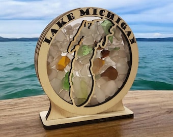 Lake Michigan Round Sea Glass Shadowbox Display Single Sided, Window Hanging, Double Sided Shine-through Shelf Sitter, LED Light