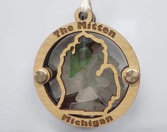 The Mitten, Michigan Sea Glass Beach Glass Shadowbox Ornament, Lower Peninsula
