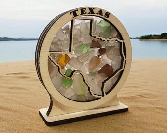 Texas Round Sea Glass Shadowbox Display Single Sided, Window Hanging, Double Sided Shine-through Shelf Sitter, LED Light, Small