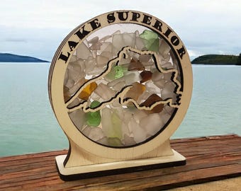 Lake Superior Sea Glass Shadowbox: Round Display, Window Hanging, LED Light