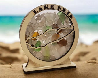 Lake Erie Round Sea Glass Shadowbox Display Single Sided, Window Hanging, Double Sided Shine-through Shelf Sitter, LED Light