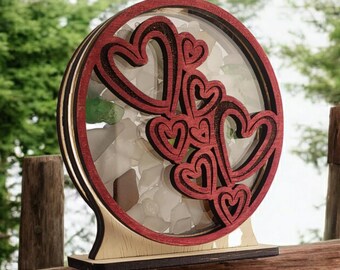 Hearts Sea Glass Shadowbox Display Single Sided, Window Hanging, Double Sided Shine-through Shelf Sitter, LED Light, Small