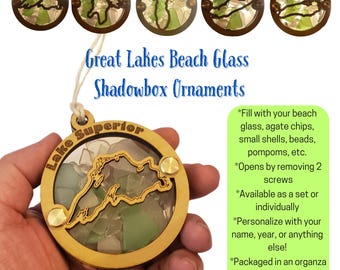 Great Lakes Beach Glass Shadowbox Ornament Set or Individual, Lake Superior, Lake Huron, Lake Michigan, Lake Erie, Lake Ontario Lake America