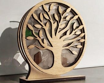 Tree of Life Sea Glass Shadowbox Display Single Sided, Window Hanging, Double Sided Shine-through Shelf Sitter, LED Light