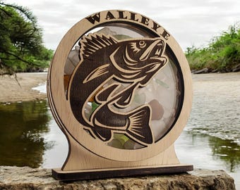 Walleye Sea Glass Shadowbox: Fishing Decor, LED Light Option
