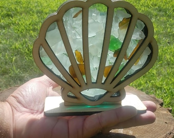 Clam Shell Sea Glass Shadowbox Display, Window Hanging, Double-sided Shine-through Shelf Sitter, LED Light, 3 Sizes