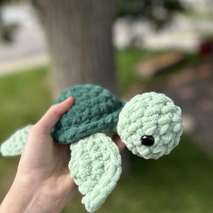 May include: A crocheted green and light green sea turtle plush toy with black eyes.