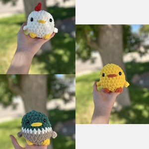 May include: Three crocheted stuffed animals: a white chicken with a red comb, a yellow duck, and a green and brown duck.
