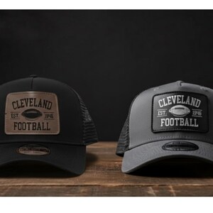 Cleveland Football Trucker Hat – Engraved Leatherette Patch, New Era Snapback