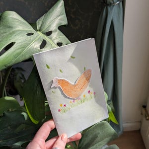 Carte de voeux de poulet. Fait main, aquarelle, poulet, merci, fête, anniversaire, carte d'occasion.
