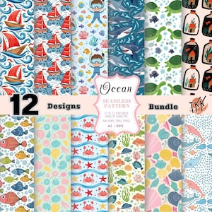 Ozean Muster-Bundle | 15 Helle & gestochen scharfe Sea Life Digital Papiere | Unterwasser Kinder Clipart, Fische, Meerjungfrauen, Meerestiere