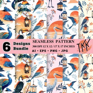 6 motifs d'oiseaux exotiques sans couture avec coucher de soleil et nuages, illustrations d'oiseaux gracieuses, impression numérique pour tissu. Décoration et travaux manuels