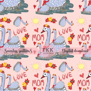 Nahtlos sich wiederholende Mutter und Babyschwäne. Digitale Datei für kommerzielle Nutzung.  Federn, Herzen und Mama. Nahtloses sommerliches Boho Muster.