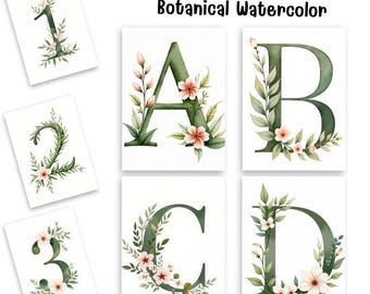 Botanical Watercolor Alphabet – A-Z, 0-9 Clipart (Digital Download)